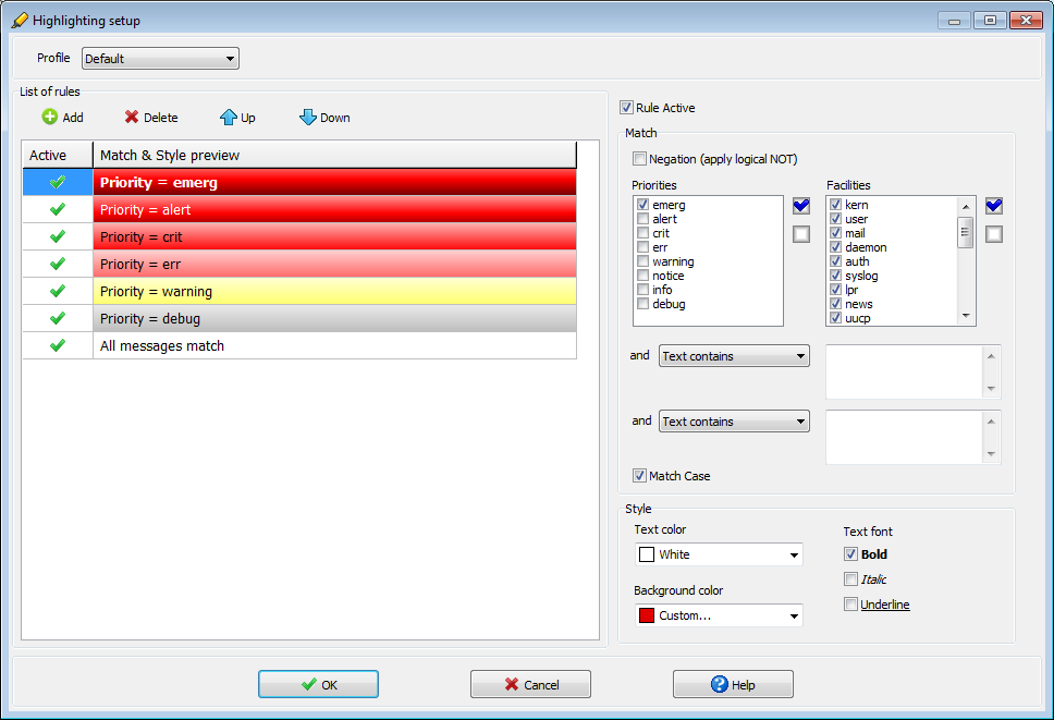 Visual Syslog Server for Windows color highlighting
