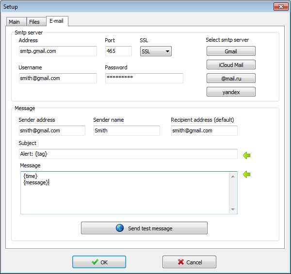 Visual Syslog Server for Windows smtp server setup