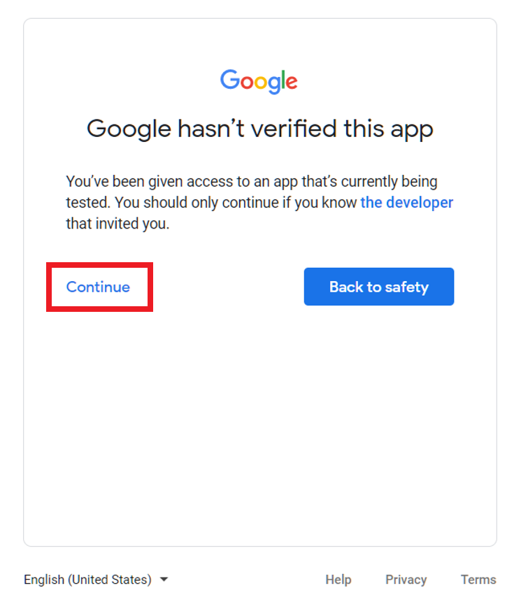 "Google hasn't verified this app" warning screen
