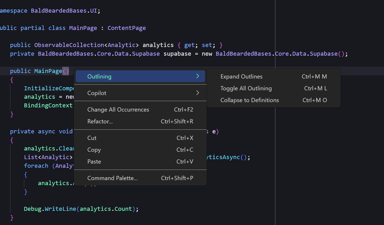 Screenshot of a code editor with the outlining context menu