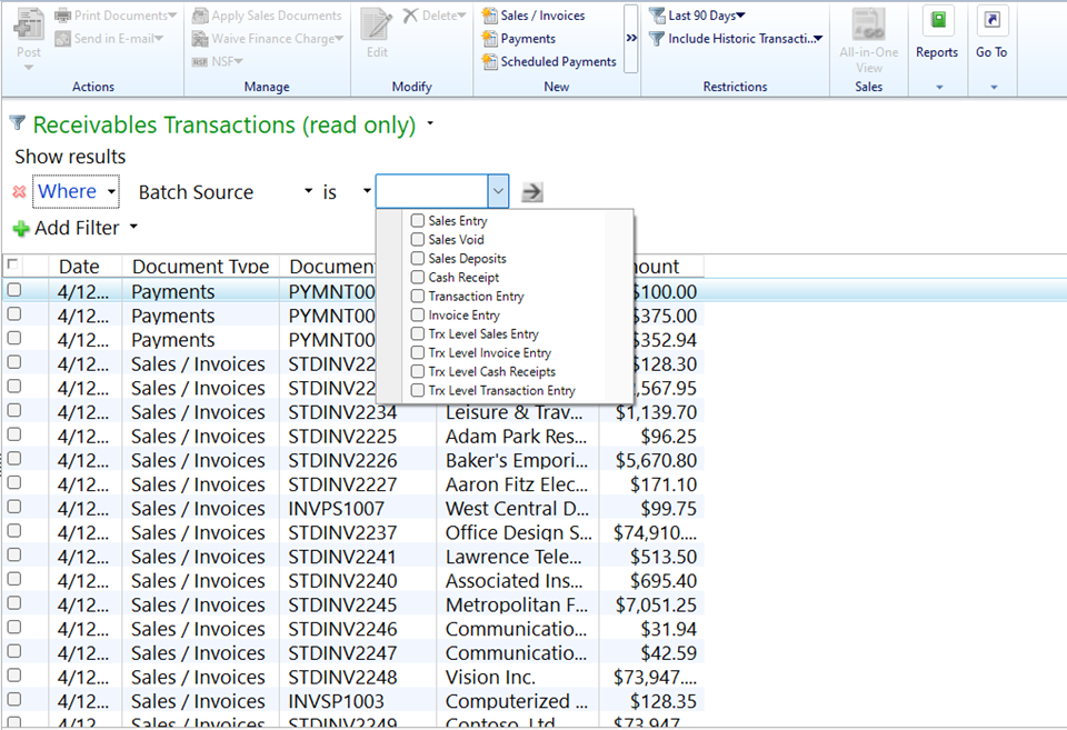 Shows the receivables transactions window