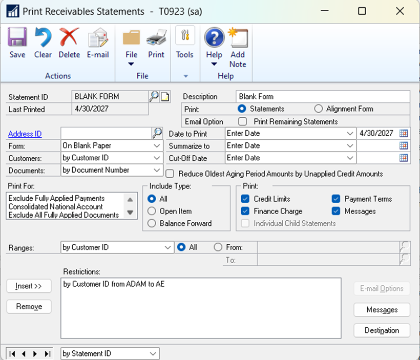Shows a print receivables statement in the user interface