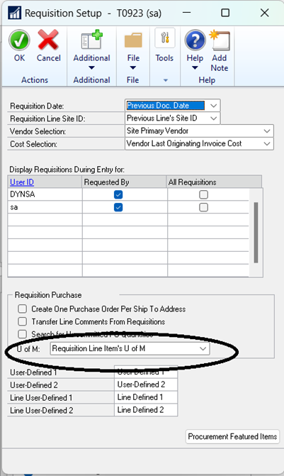 Shows the requisition setup window