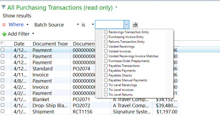 Shows the purchasing transactions window
