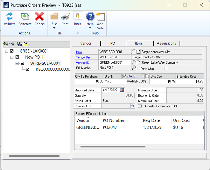 Shows the purchase orders preview window