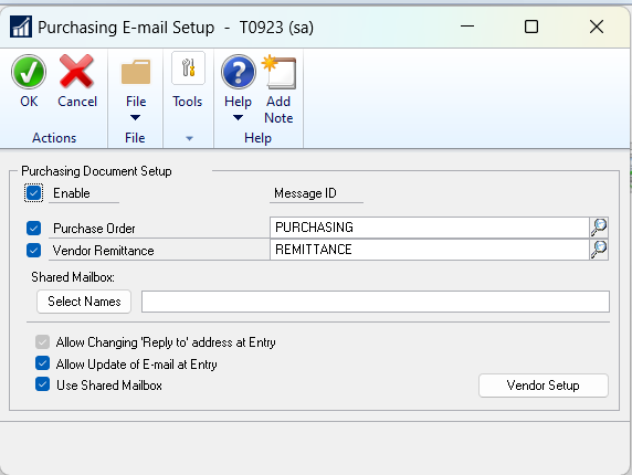 Shows the purchasing e-mail setup window