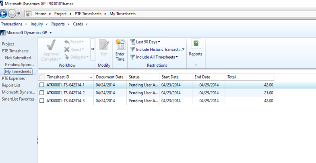 Shows the timesheets window