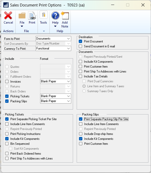 Shows the sales document print options window
