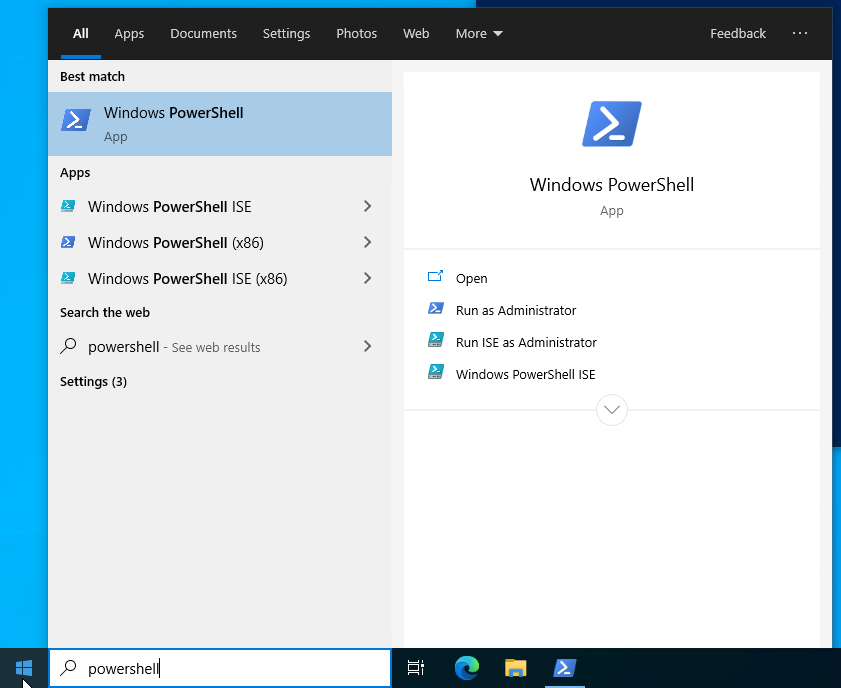 Start Menu screenshot showing PowerShell