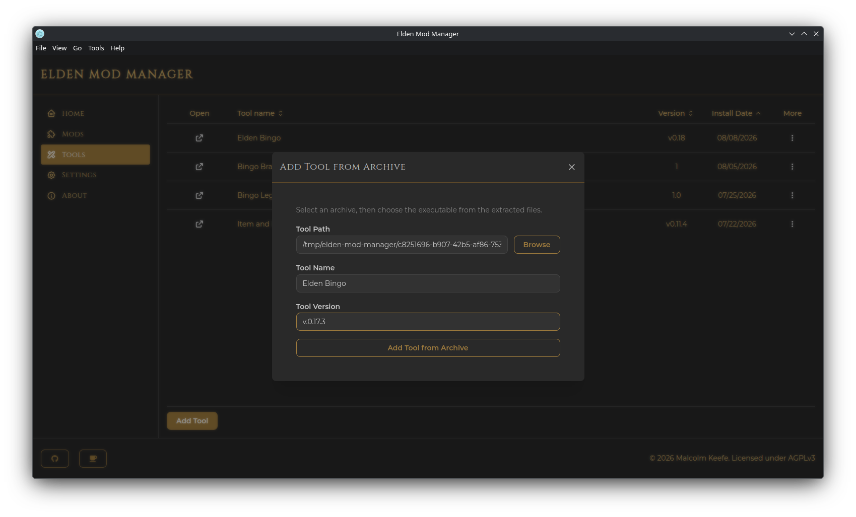 Screenshot: the Add Tool modal