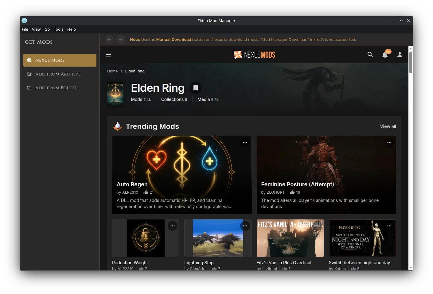 Screenshot: the Get Mods window, sidebar and Nexus tab visible