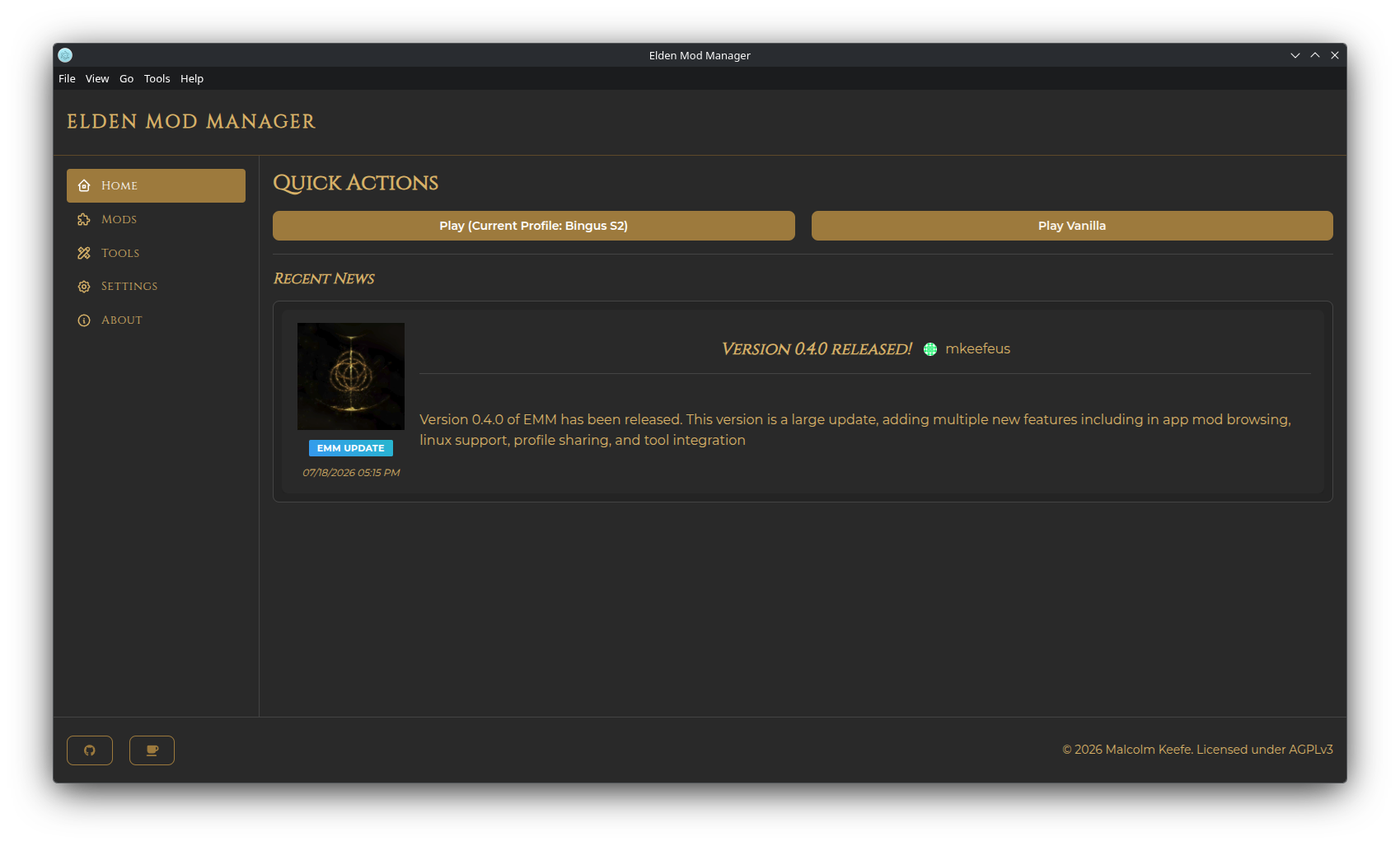 Screenshot: Home page showing Quick Actions and the news feed