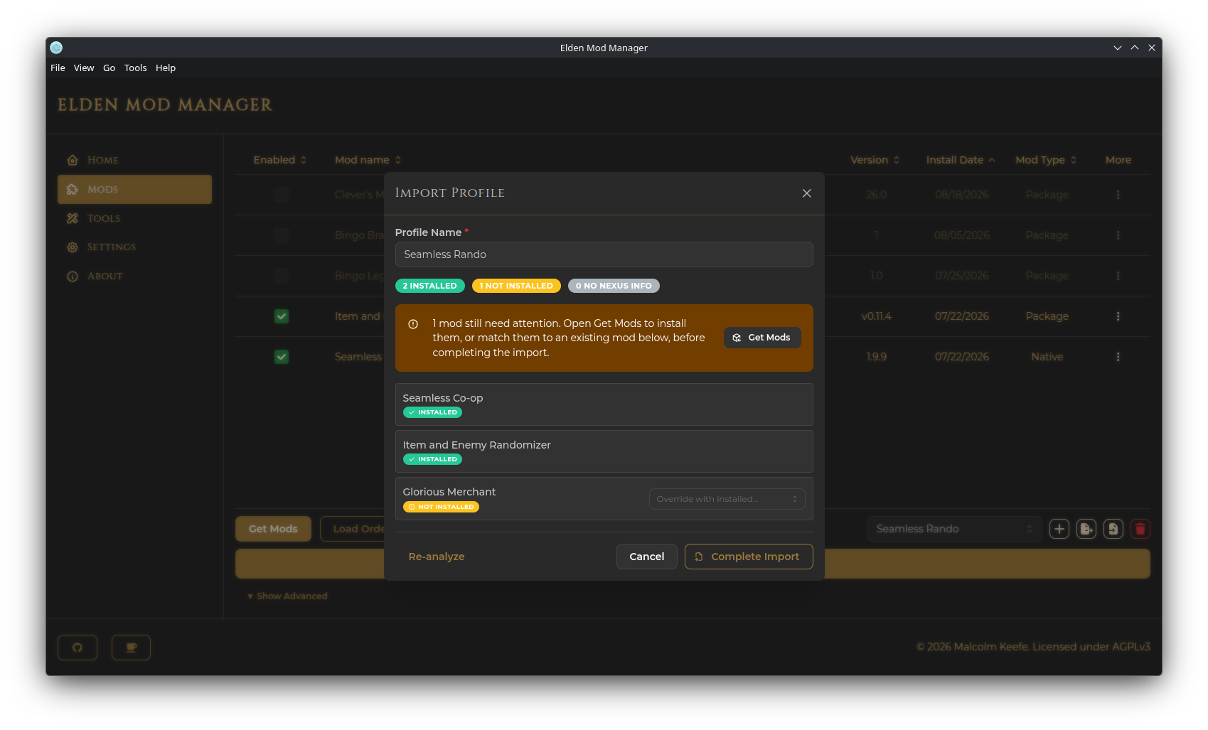 Screenshot: the Import Profile modal showing mod match statuses