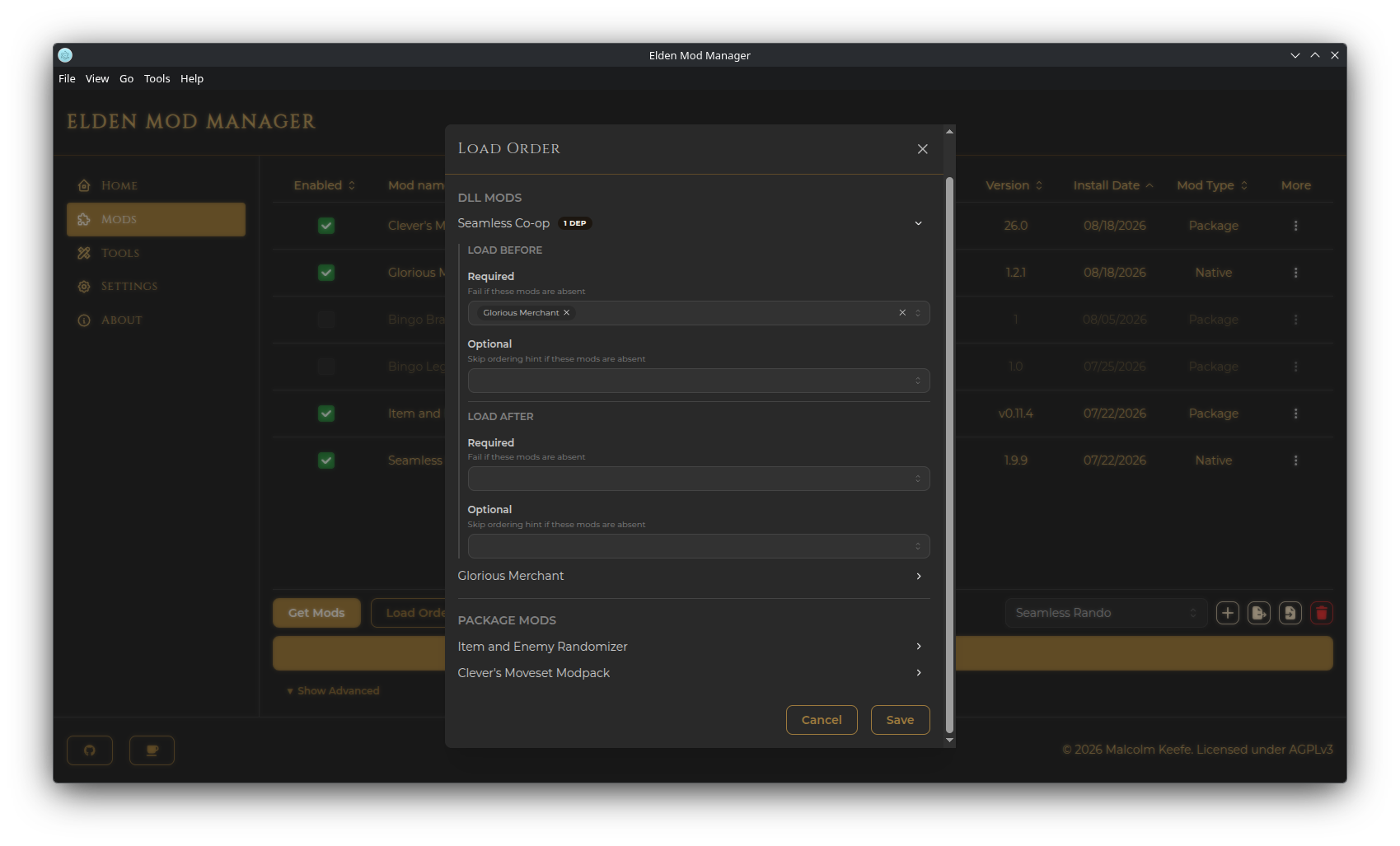 Screenshot: the Load Order modal with a mod's advanced dependency panel expanded