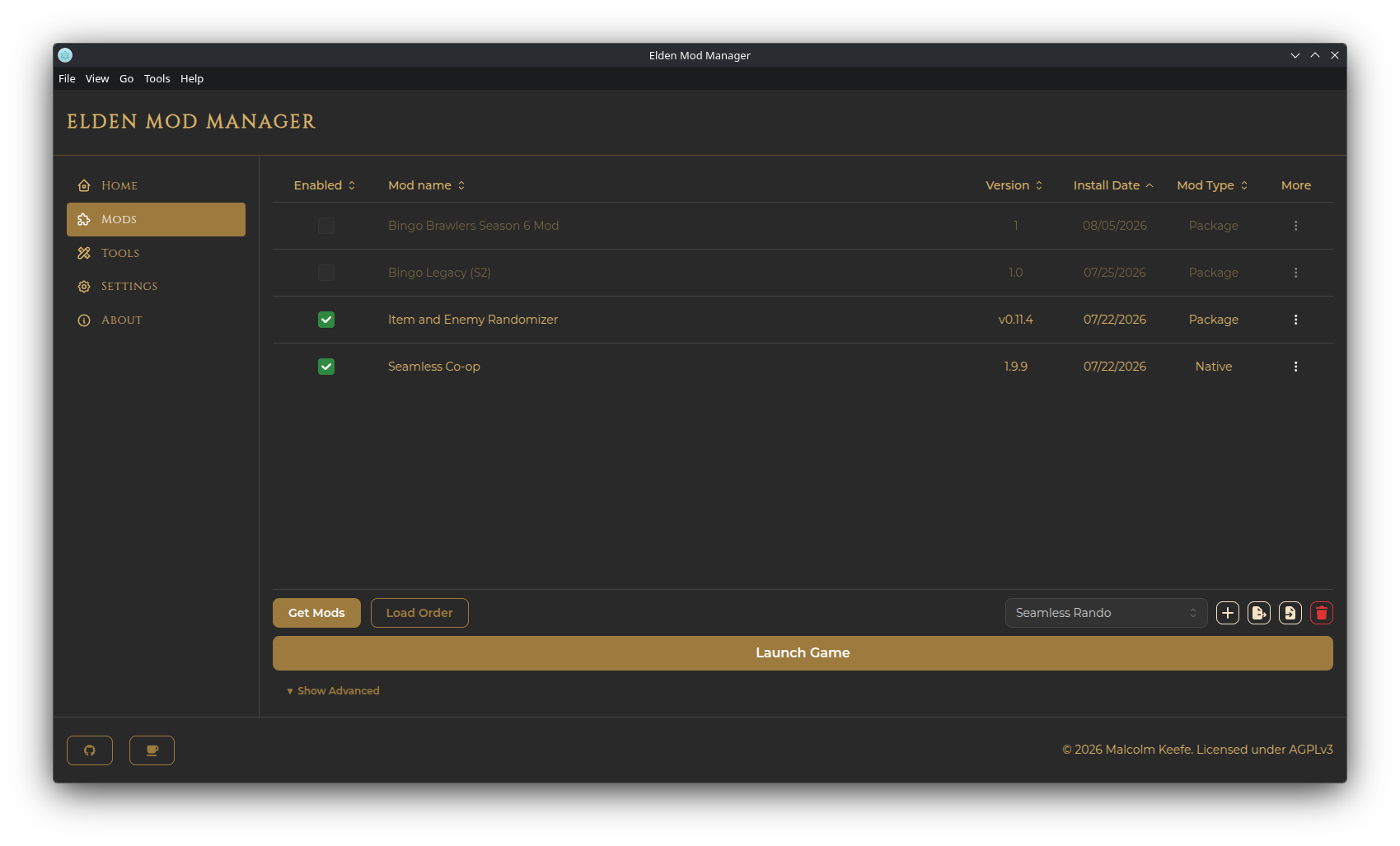 Screenshot: main application window showing the Mods page with the mod list and toolbar