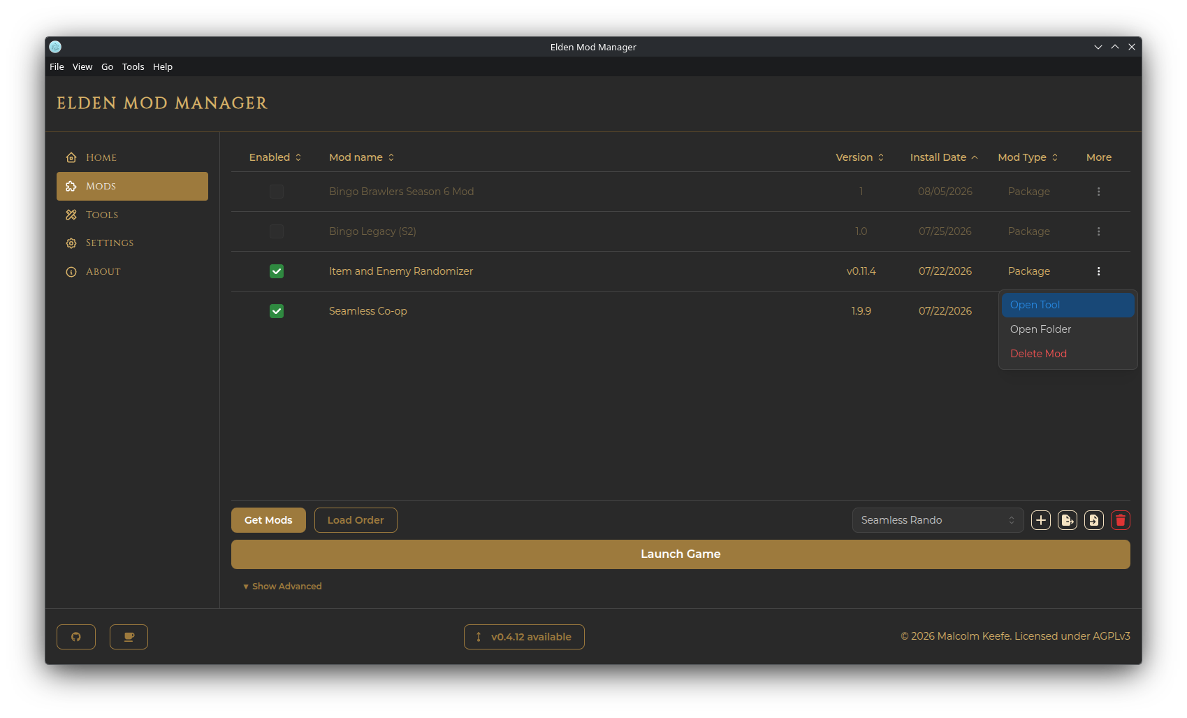 Screenshot: the "More" actions menu open for a mod