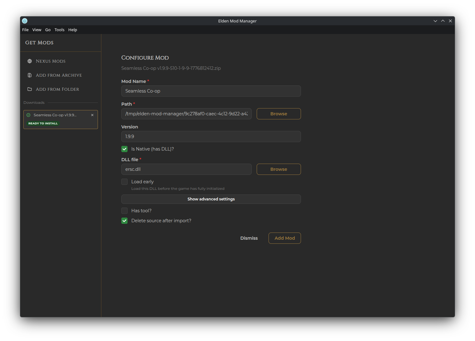 Screenshot: the Configure Mod form with Is Native and Has Tool options visible