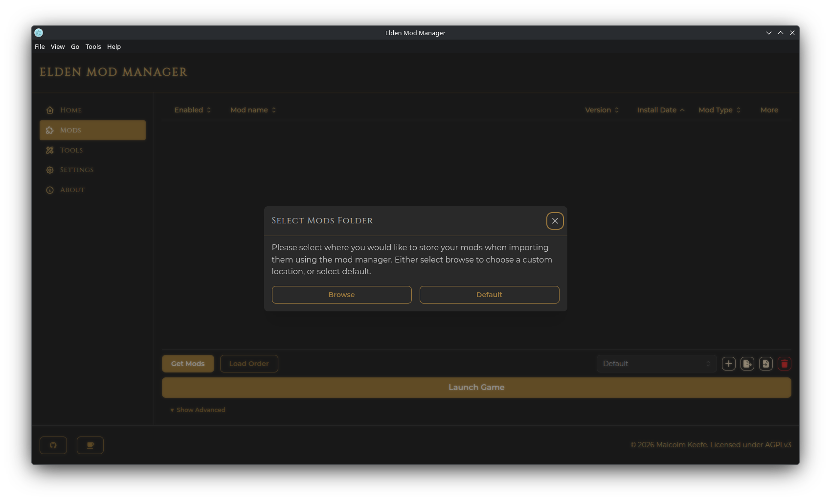 Screenshot: the "Select Mods Folder" prompt shown on first launch
