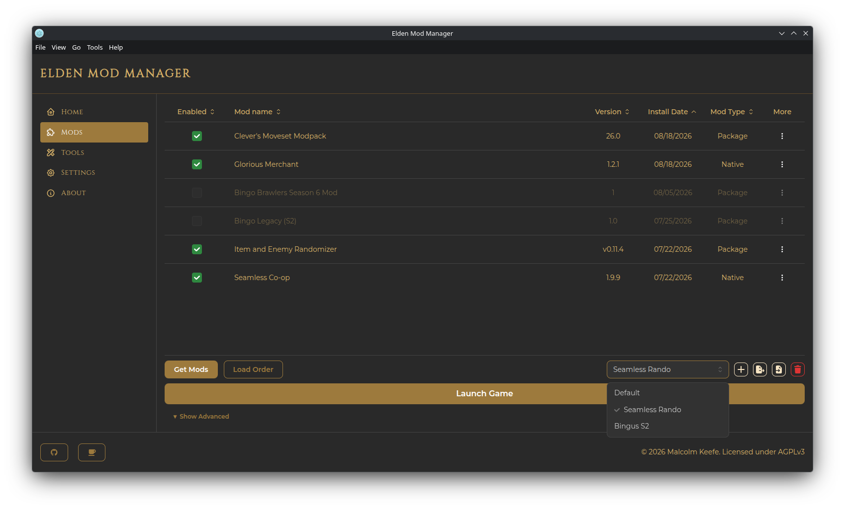 Screenshot: the profile selector on the Mods page toolbar
