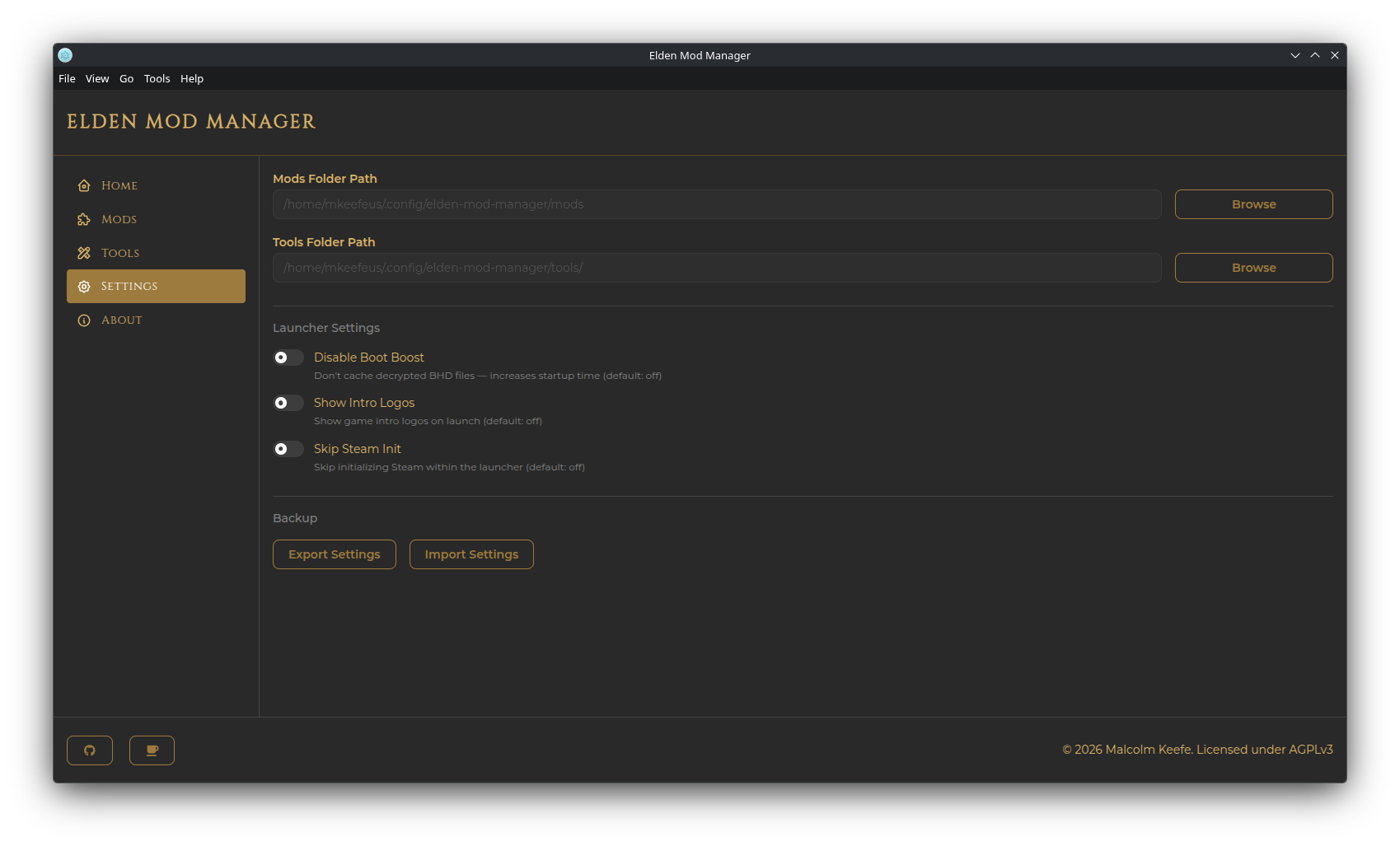 Screenshot: the Settings page