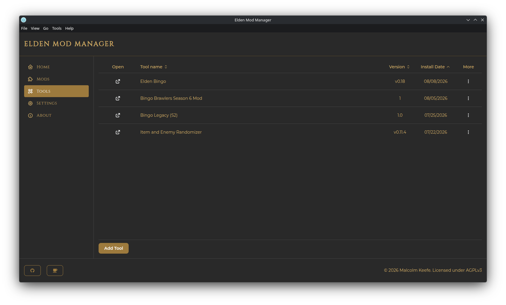 Screenshot: the Tools page listing installed tools