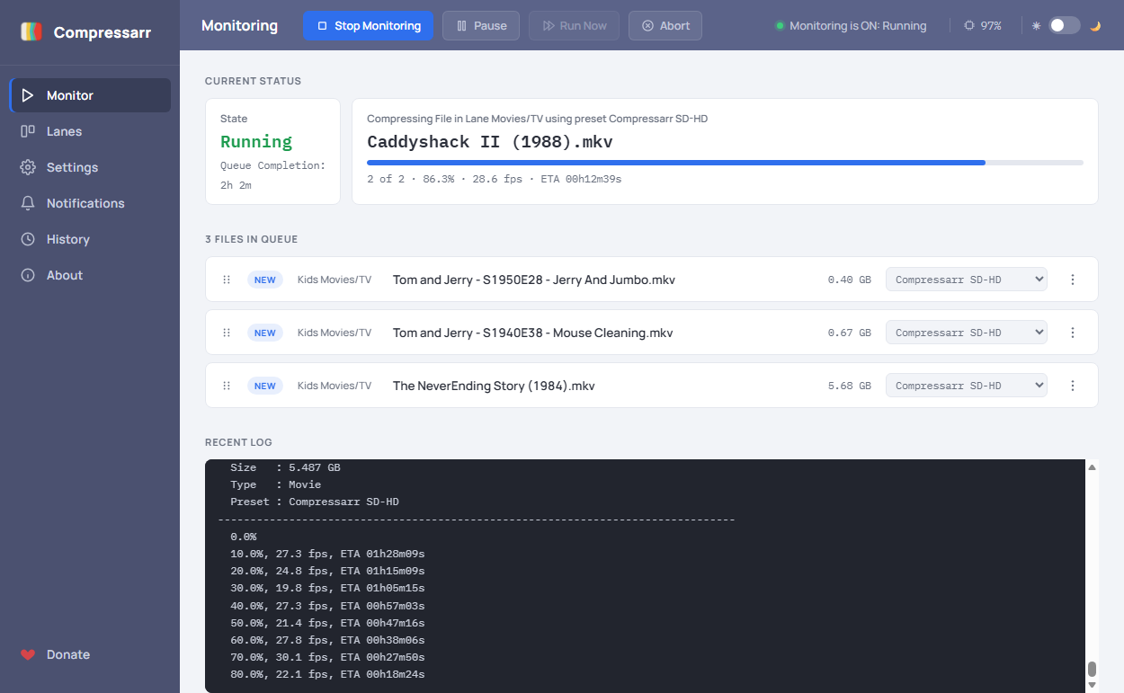 The Monitor page with a real conversion in progress