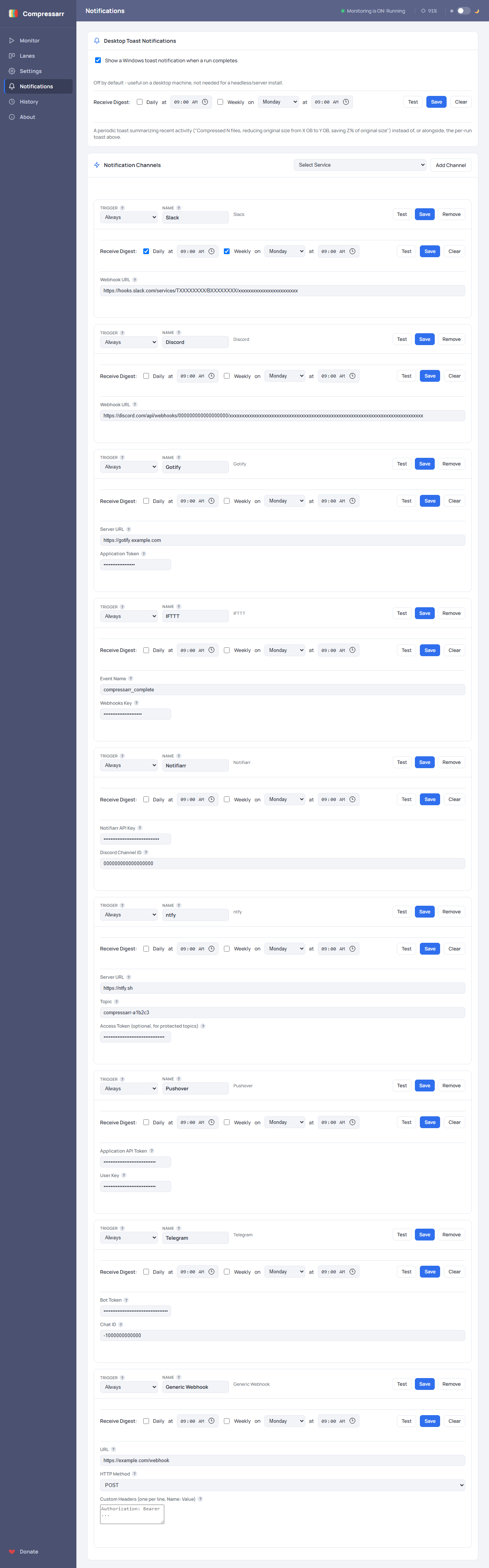 The Notifications page, showing every available service and its fields