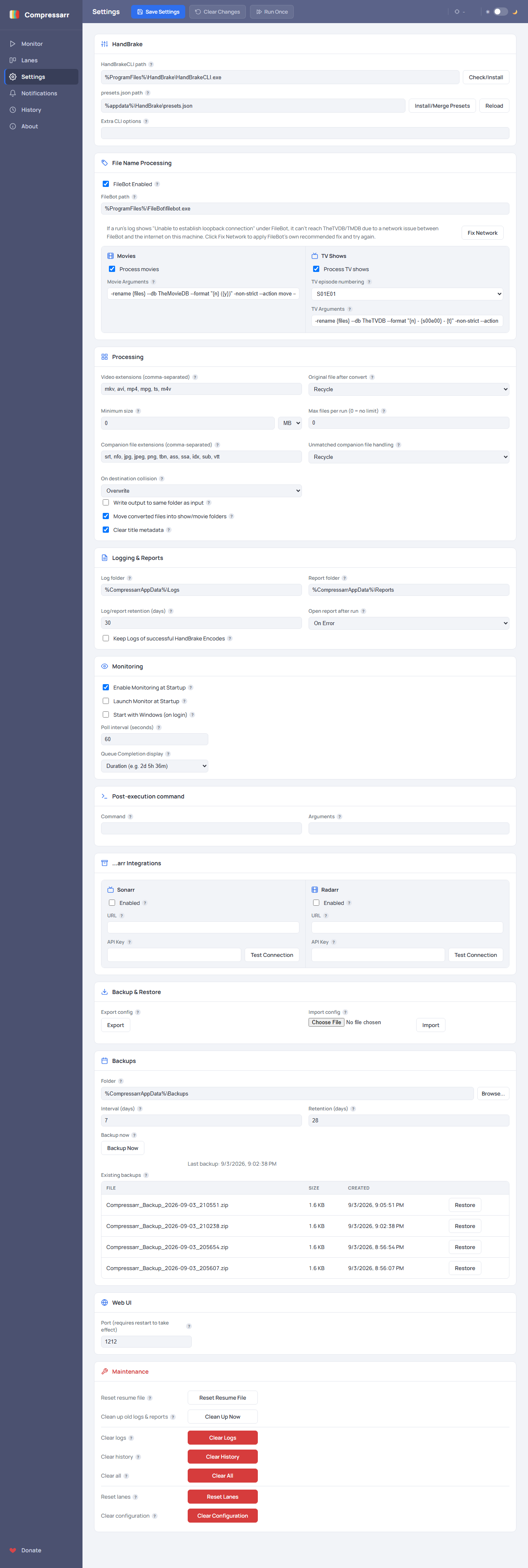 The HandBrake and Processing cards on the Settings page