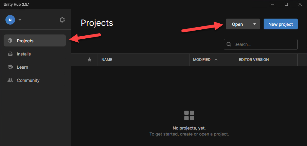 Unity Hub Open Project