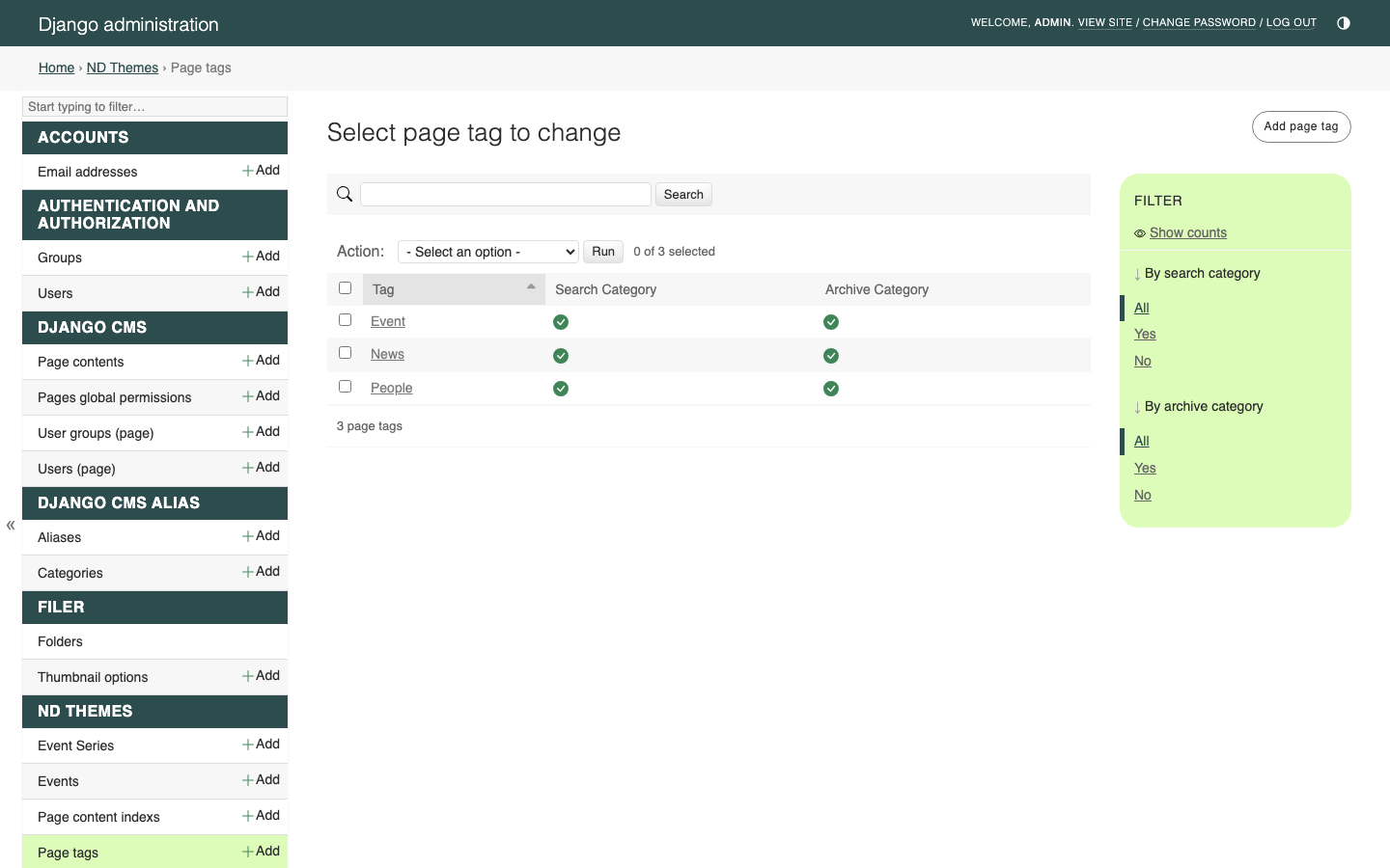 Page Tags admin