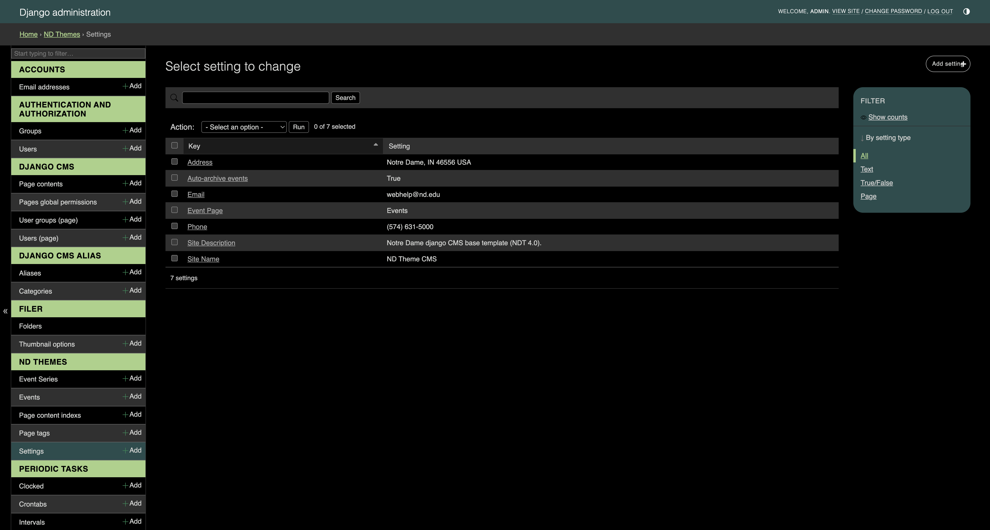 Site Settings admin