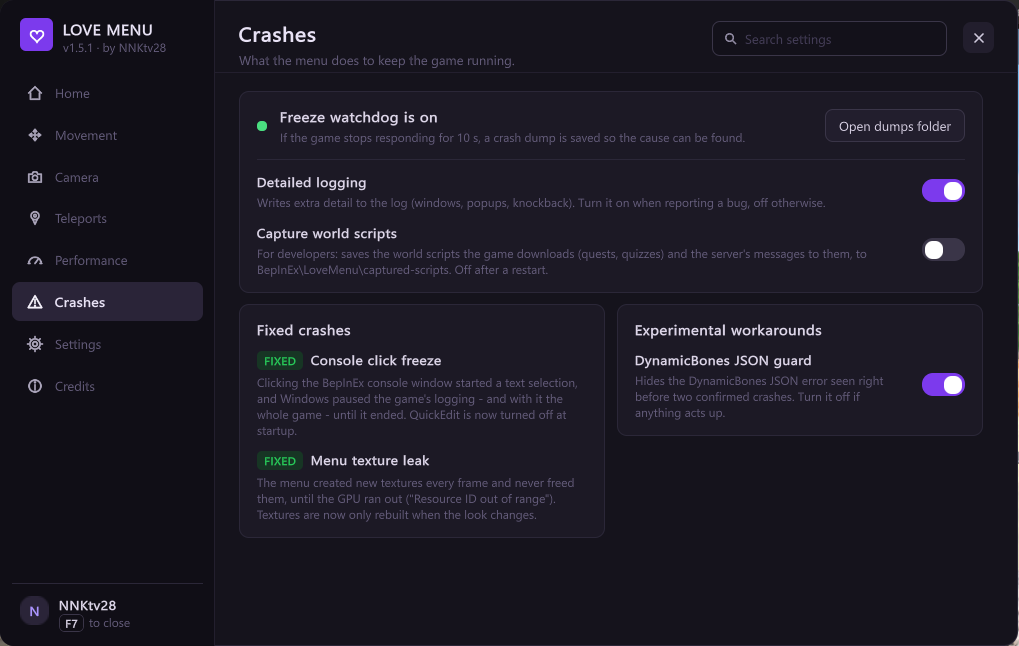 Crashes page