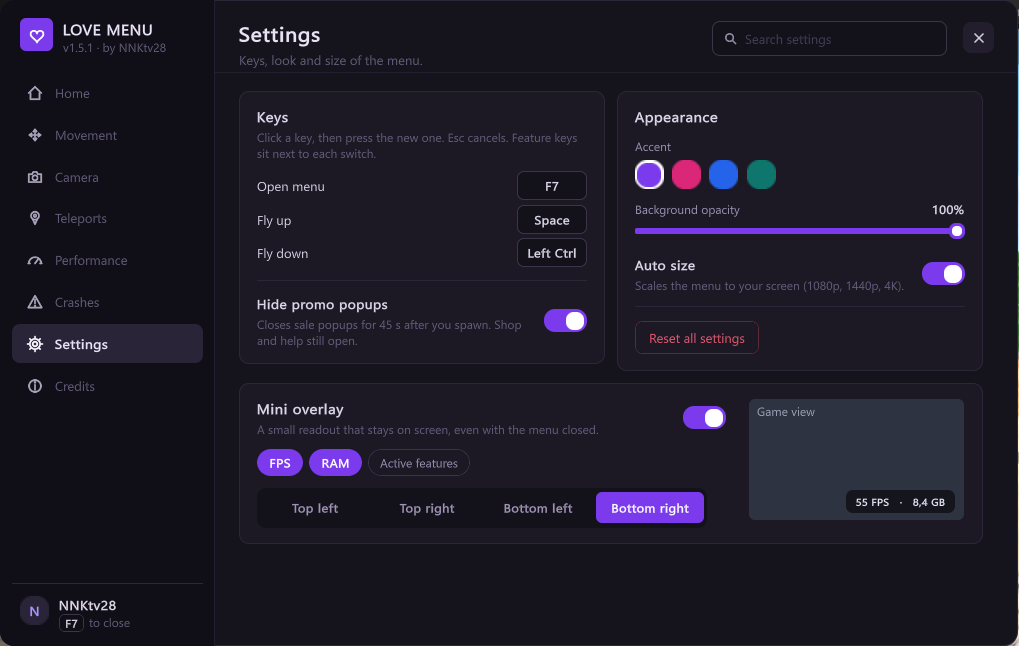 Settings page