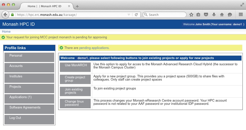 Screen shot of HPC ID system showing a pending application