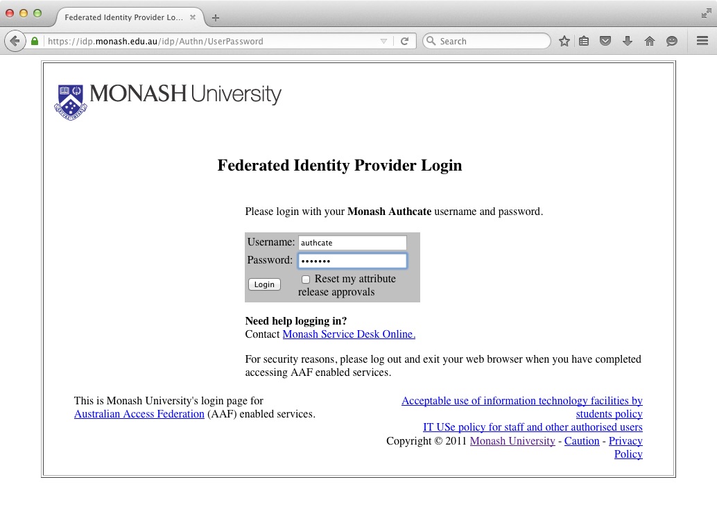 Screen shot of the Monash AAF Identity Provider