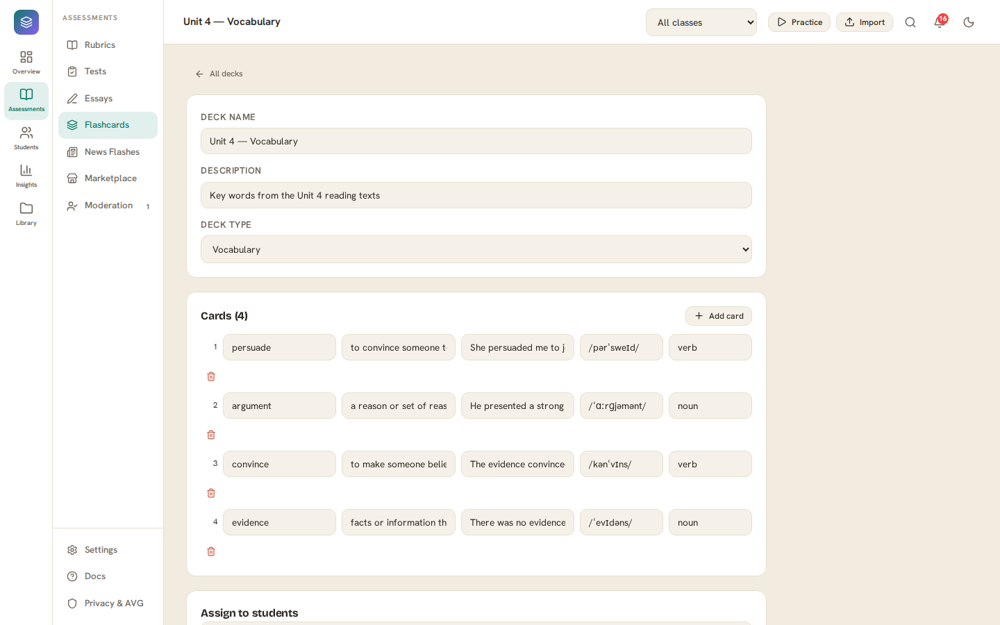 Per-student flashcard insights panel