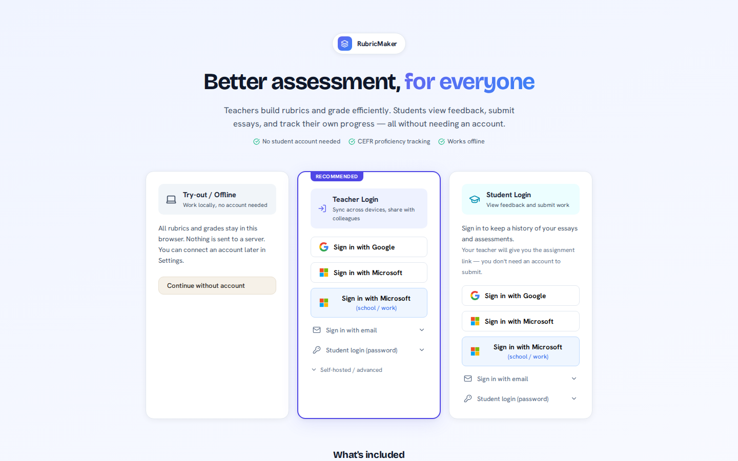 Landing page hero with feature cards