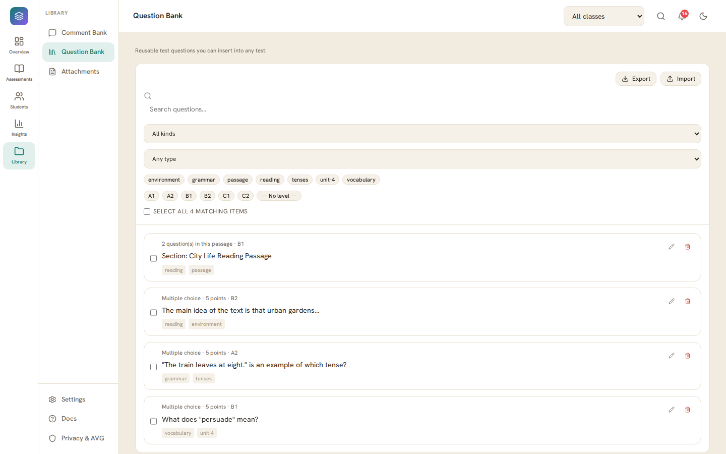 Question Bank page with search facets