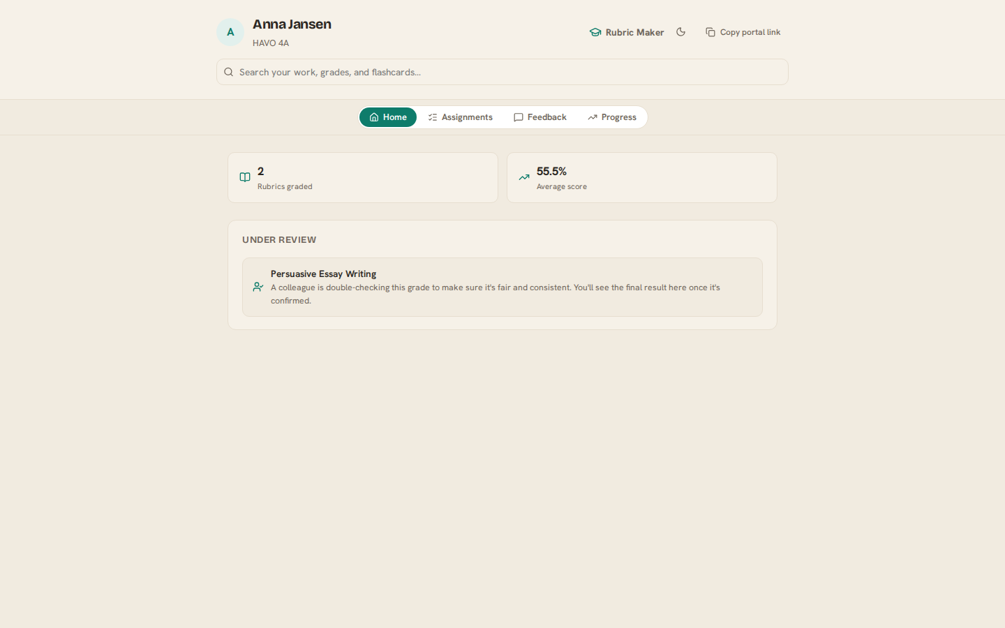 Student portal home with My Work and messages