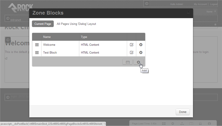 Figure: Adding a block to a page zone