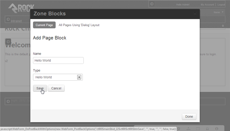 Figure: Adding a block to a page zone