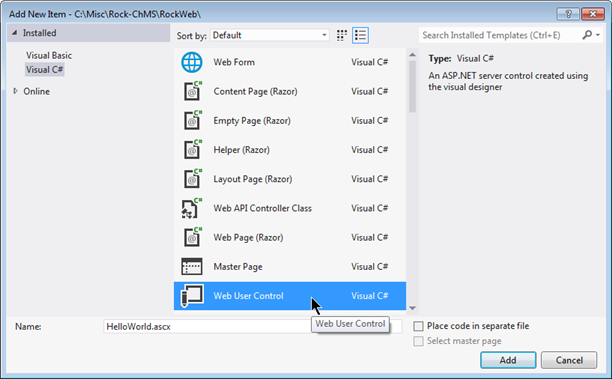 Figure: Choose Web User Control and name it HelloWorld.ascx