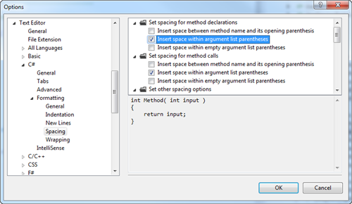 Check both 'Insert space within argument list parenthesis' options