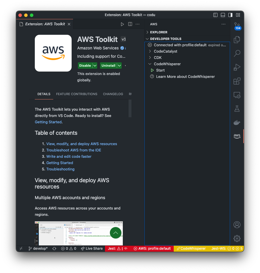 Showing the AWS Toolkit tab