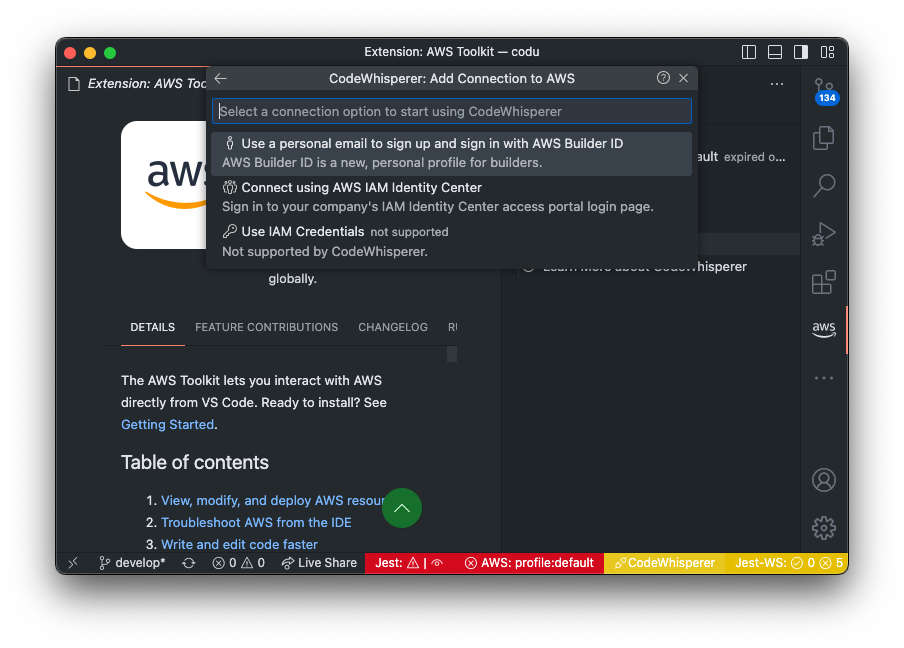 Showing the menu after selecting start on the AWS Toolkit