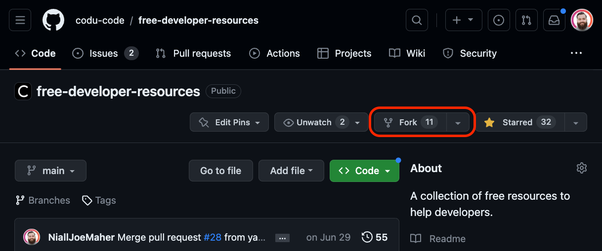 A screenshot showing where the fork button is on the GitHub page