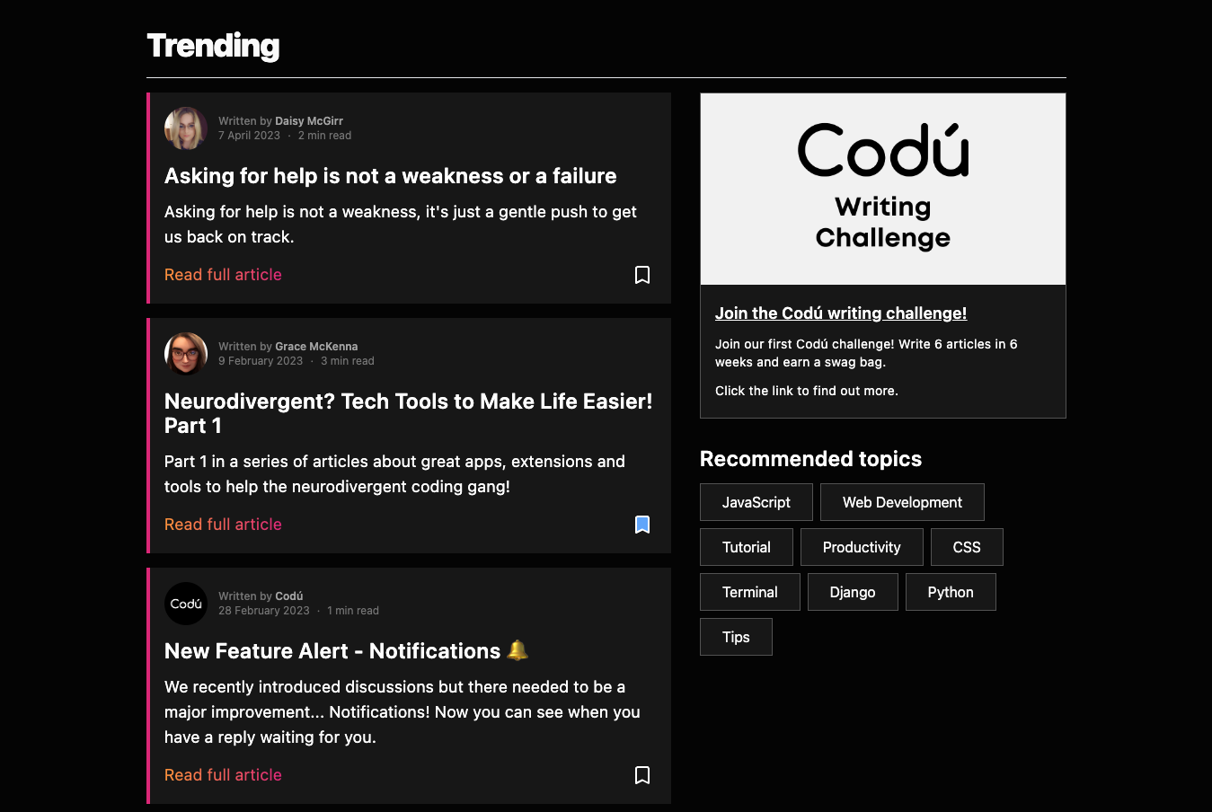Screenshot of the codu.co trending section on the homepage