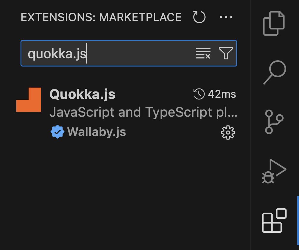 Showing the VSCode extension tab with the search for "Quokka.js"