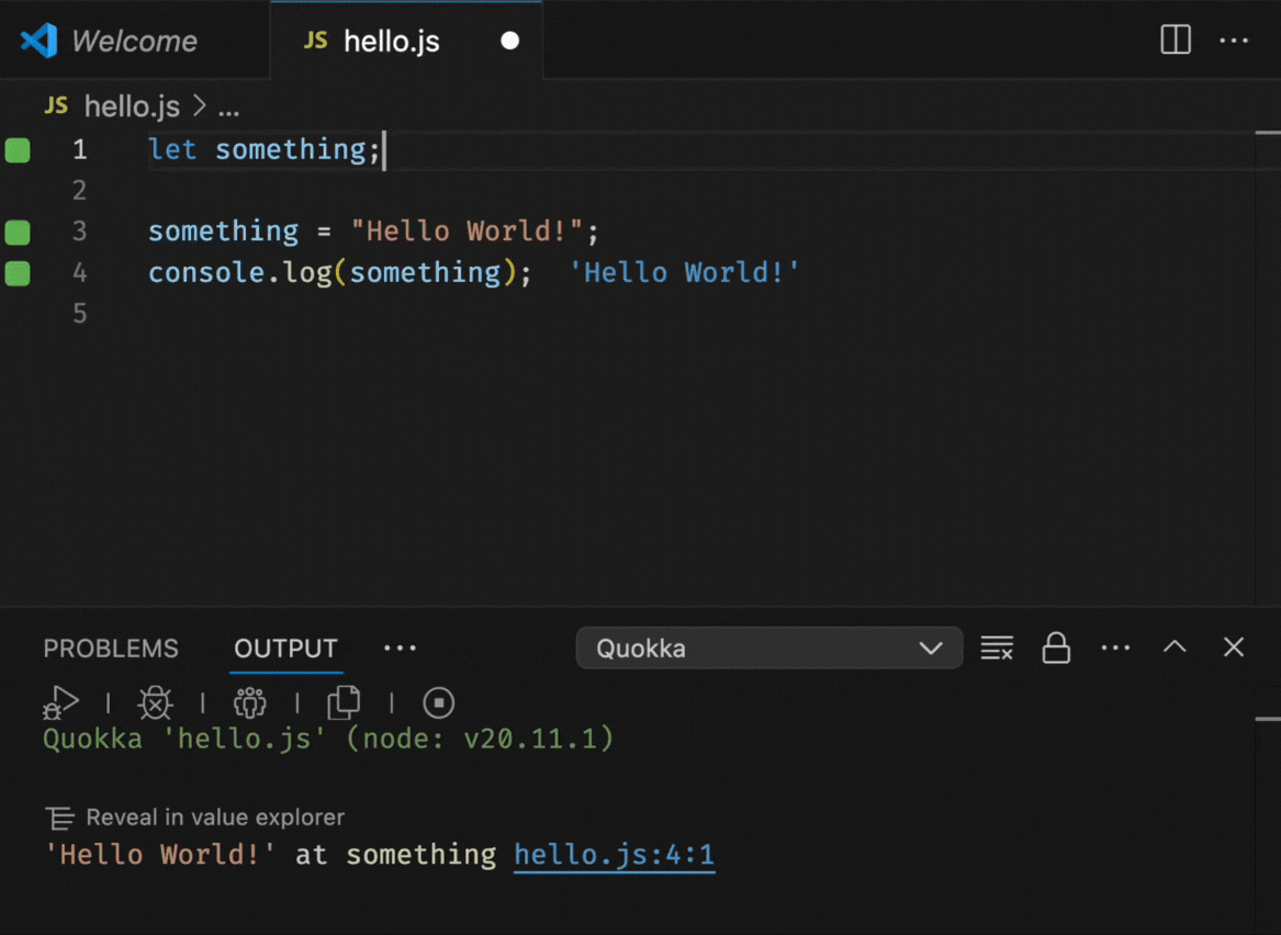 Gif of the instant feedback while running Quokka.js in VSCode