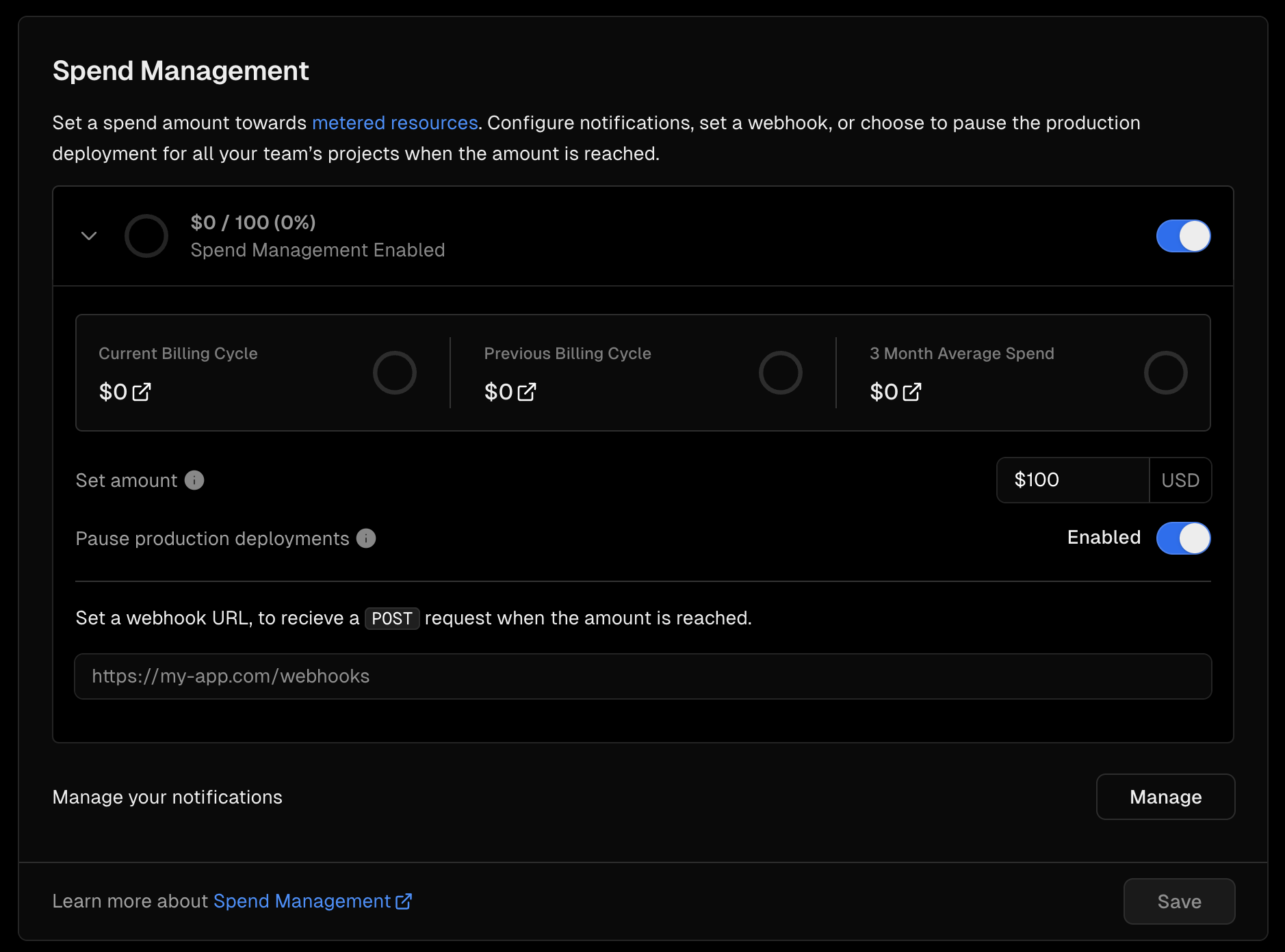 Screenshot of the configured Spend Management tab showing the limit of $100 configured.